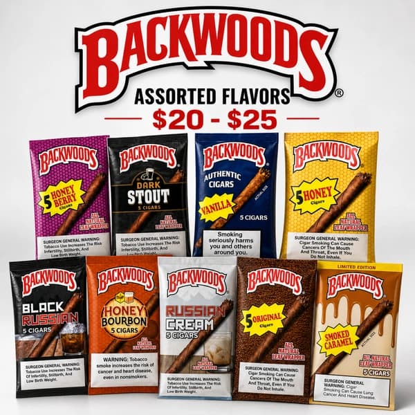 BACKWOODS ASSORTED FLAVORS $20-$25 cigarette or smoke-product listing