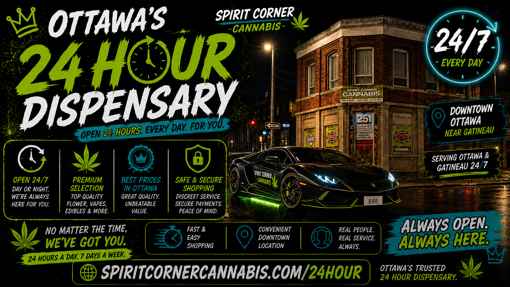 Spirit Corner Cannabis downtown Ottawa 24 hour dispensary near Gatineau with premium weed native cigarettes vapes edibles and cannabis deals